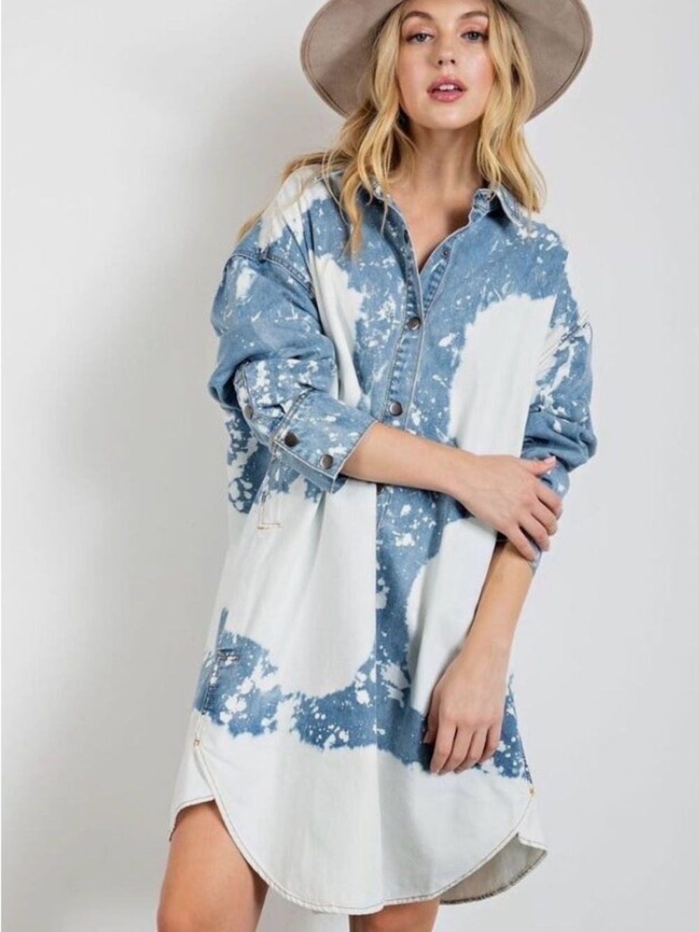 Easel LA L Denim Shirt Dress Snap Paint Splatter Tie Dye Coastal Oversized Boho